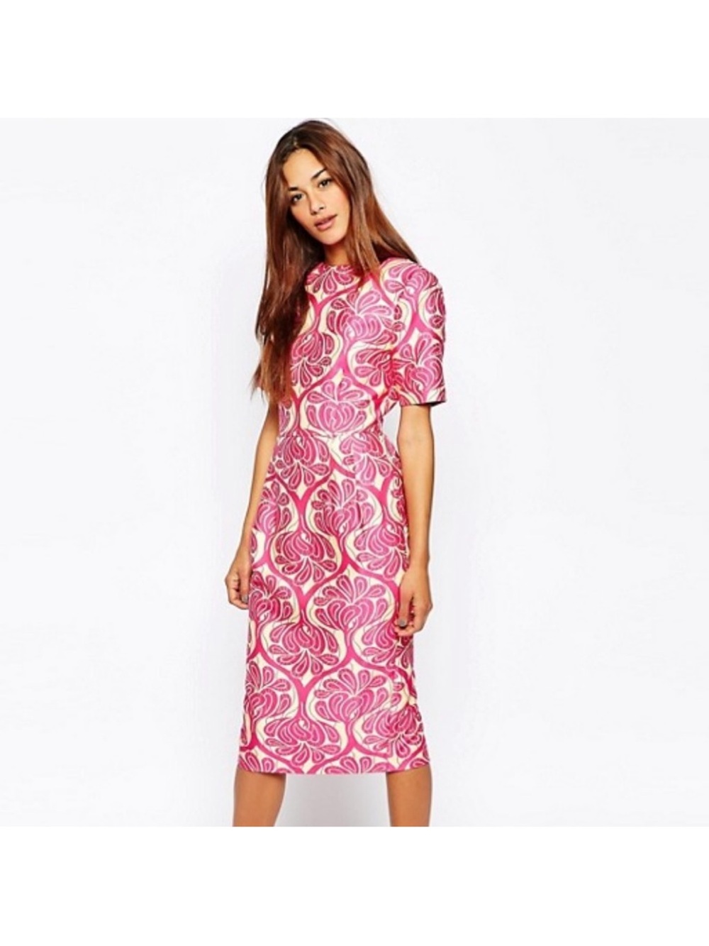 ASOS wiggle Pink Patterned Midi Dress hot pink and yellow damask
